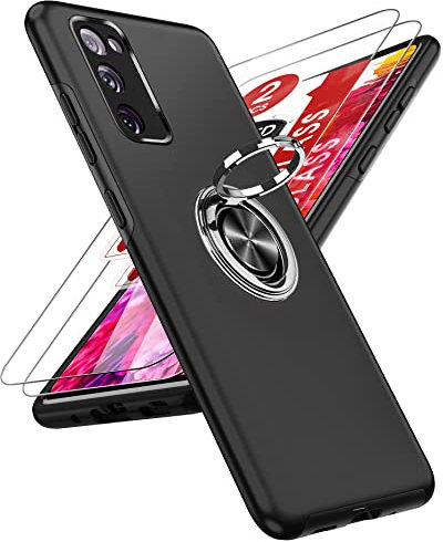 LeYi Hülle für Samsung Galaxy S20 FE 4G/5G (Nicht S20) Handyhülle mit 2 Stück Panzerglas, TPU+PC Militärschutz Hybrid Schutzhülle mit 360° Metall Ring Halter Ständer Stoßfest Case Cover Schwarz