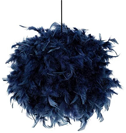 Eye-Catching and Modern Real Natural Navy Midnight Blue Feather Decorated Small Pendant Light Shade 40watt Maximum Perfect Statement Piece 25cm Diameter by Happy Homewares