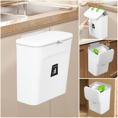 Contenedor de compostaje para cocina, 2.4 galones/9 litros, encimera o debajo del fregadero, bote de basura pequeño colgante con tapa para baño, dormitorio, cubeta de compostaje interior(blanco)
