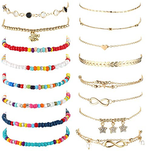 Dochais 15-24 Stück Glänzende Silber Fußkettchen mit Strass Wasserdicht Boho Verstellbare Sommer Fußkettchen Damen Fußkette Vintage Perlen Fussketten, 21cm (16 Stück)
