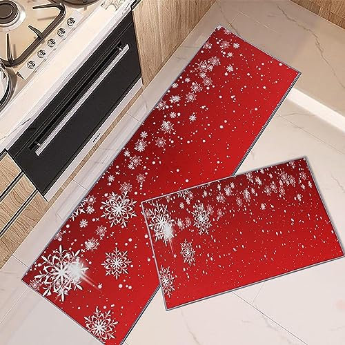 ArtSocket Küchenteppiche und -matten rutschfest, waschbar, 2er-Set, Weihnachten, Küchenläufer, Teppich, Neujahr, rote Sterne, Schneeflocken, Küchenbodenmatte, Überwurf, Fußmatte, wasserdicht