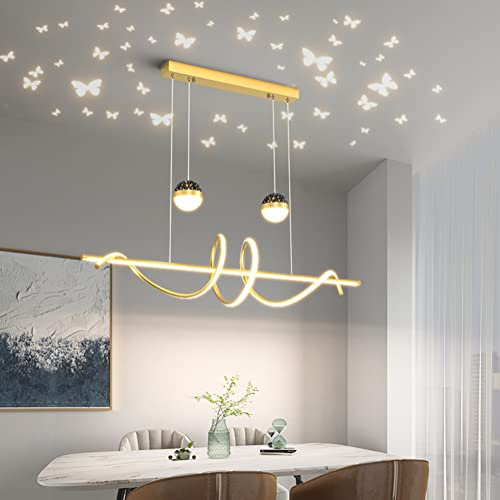 Lanekd Esszimmerlampen, LED Hängeleuchte Pendelleuchte Esstisch Küche Wohnzimmerlampe, Modern Schmetterling Projektion Deko Hängend Lampe 48W Dimmbar Mit Fernbedienung Esstischlampe (Gold 120cm)