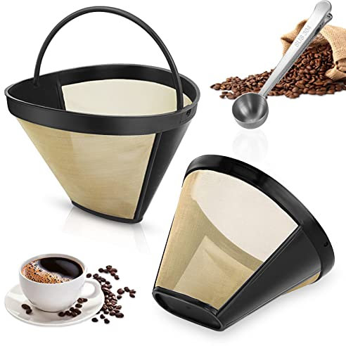 cersaty® 2 Stk Dauer Filter, Wiederverwendbar Kaffeefilter mit 1 Stk 304 Edelstahl Messlöffel für Filtration von Kaffee und Tee Verwendet(Gold/Schwarz)