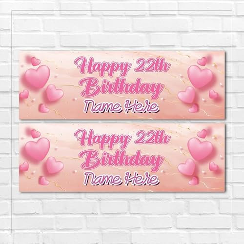 ELITEPRINT Set of 2 PERSONALISED ROSE GOLD BIRTHDAY BANNERS - DESIGN 3 PINK HEARTS (ANY NAME/AGE)