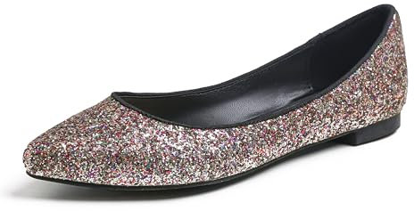 Feversole Women's Sparkle Memory Foam Cushioned Colorful Shiny Ballet Flats Pumps Glitter Pointed Multi Black Size 4