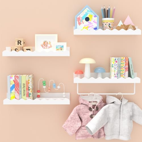 HZE 4er Set Wandregal Kinderzimmer, Schwebende Bücherregal Kinder Wand, Wandregal Bücher aus Kiefernholz MDF für Bücher, Spielzeug und Dekoration, Weiß
