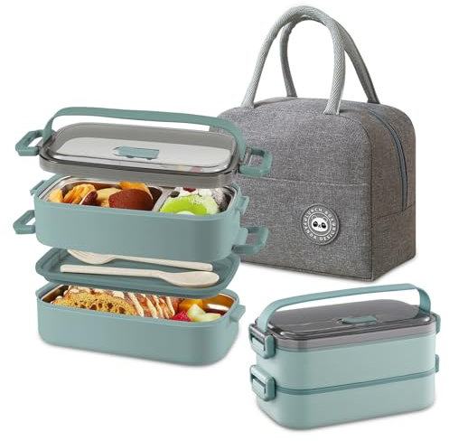 BRYN Lunch Box, 1400ml Boite Repas Compartiment avec Couverts et Sac Isotherme Repas, boîtes Bento Lunch Box pour Pique-Nique, Travail, Écoles, Camping et Fitness (Vert)
