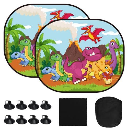 MONCAP 2 Pack Car Window Shades for Baby Car Sun Shade Cars Rear Sunshades UV-Protection Sun Visor for Car with Dinosaur Pattern 8pcs Suction Cups Storage Bag to Protect Baby Kid Pet