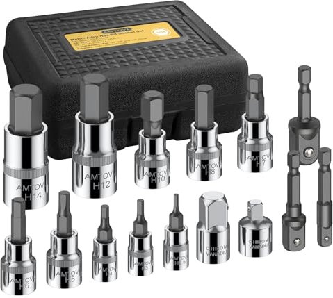 AMTOVL 15PCS Jeux Douille Hexagonale 50BV30 Douille S2 Embout H2,5-H14 en Acier CR-V 1/4 3/8 1/2 Douilles à 6 Pans avec Boîte de Rangement pour Réparations à Domicile et Entretien Professionnel