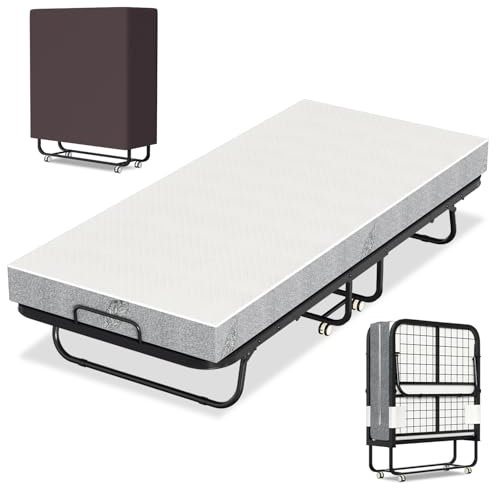Jopassy Klappbett 90x200cm, Gästebett Klappbar mit ca.13CM Dicke Hochdichter Schaumstoff Matratze, Einzelbett mit Rollen, Metallbett bis 200kg belastbar, für Wohnzimmer,Gästezimmer,Schlafzimmer,Büro
