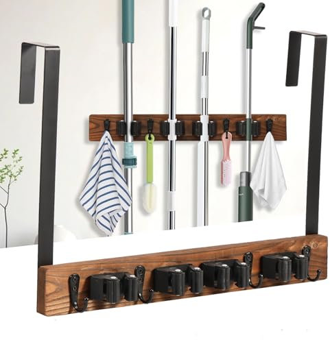shaojian Broom Holder Wall Mounted, Over The Door Mop Holder with 4 Slot and 4 Hooks, Kitchen Wall Storage Rack Utility Room Storage Solutions for Organizing Garage Garden Bathroom Tool
