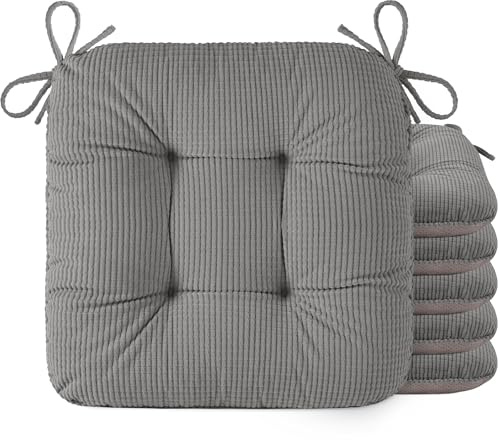 OVOV Chair Cushions for Dining Chairs Set of 6 Chair Cushion with Ties and Non-Slip Backing Tufted Thick Kitchen Chair Pads Made of Soft Fabric 42x40x8cm/17x16x3inch(Grey)