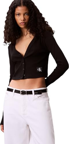 Calvin Klein Damen Strickjacke Cardigan Woven Label Rib mit Knopfleiste