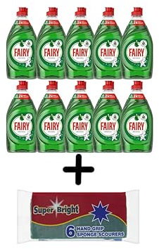 Faairry Original Washing Up Liquid Green with LiftAction 320ml (Pack of 10) & Super Bright 6 Hand-Grip Sponge Scourers | Ultimate Kitchen Cleaning Combo