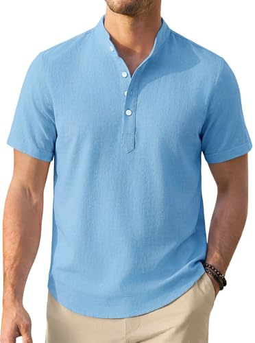 Enlision Chemise Lin Homme Manches Courtes Été Col Mao Chemise Homme Ete Leger Coton Lin Décontractée de Plage Henley Shirt