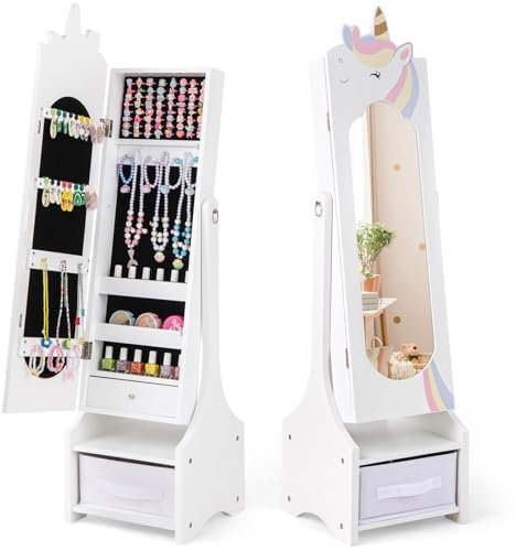 COSTWAY Kinder Schmuckschrank, 2 in 1 Spiegelschrank neigbar mit Ganzkörperspiegel, Schublade & Aufbewahrunskorb, Schmuckständer Schminkspiegel Einhorn für Mädchen (Weiß)