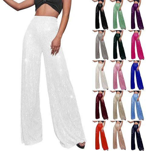 Generisch Glitzer Hose Damen Lang Gold- PaillettenHose Silber Pailetten Hose Lang Palazzo Hose Glänzende Hosen High Waist Jogginghose Langes Yoga Hosen Karneval Kostüm Silvester Outfit Glitzerhosen