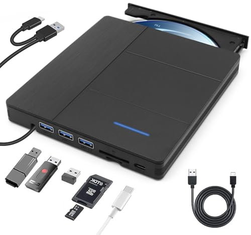  7 in 1New External Blu-ray Drive, DVD/BD Player Blu Ray Burner with USB 3.0 Type-C Portable Blu Ray Drive, Portable 3D CD DVD Burner Optical Bluray Drive for Laptop PC Desktop Windows 11 10 Mac OS
