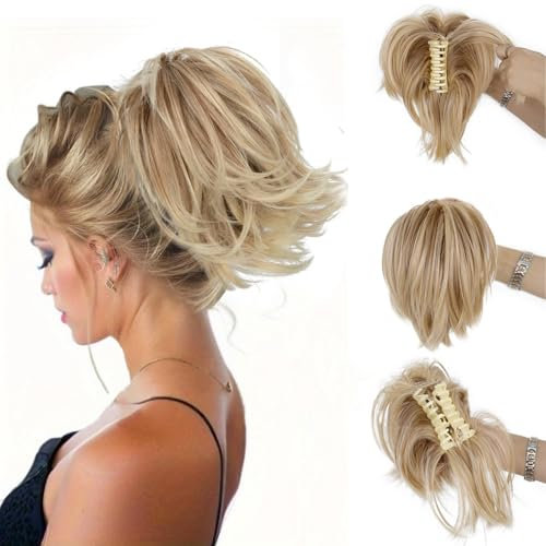 AOWVUTS Coda Capelli Extension con Pinza Corto Ricci Posticci Artiglio Clip in Coda di Cavallo Estensioni Naturale Micro Sintetici Ondulato Cavallo Dritta Chignon Finto per Capelli