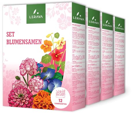 LERAVA Set de semillas flores (4x12 variedades) - semillas con germinación rápida - siembra fácil para jardín, terraza y interior - mezcla floral para plantas coloridas - made in Italy