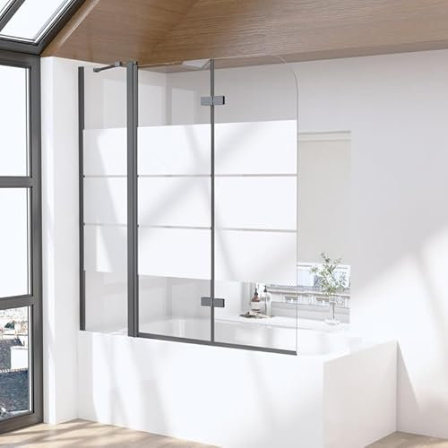 Goezes Duschwand für Badewanne 3-teilig 150x140cm Faltbar Schwarz Duschabtrennung mit festem Segment, Gestreift Glas Badewannenaufsatz Duschtrennwand 6mm ESG Sicherheitsglas, Trennwand Höhe 140cm