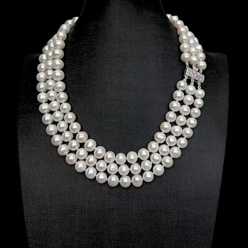 Collana con 3 File di Perle Bianche coltivate a Forma di Patata da 10-11 mm, Chiusura in Argento 925