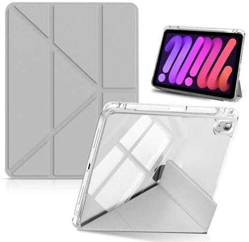 HinZann Custodia per iPad mini (A17 Pro) 2024 8,3 Pollici/iPad Mini 6ª Generazione 2021 8,3 con Portapenne, Ultrasottile Trasparente Posteriore Cover con Auto Sveglia/Sonno per iPad Mini 7 - Grigio