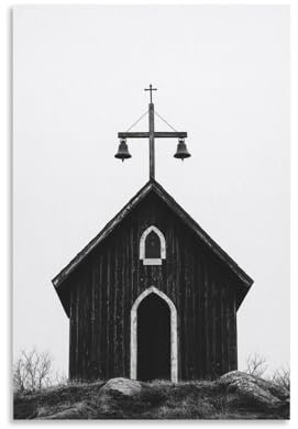 Minimalistischer Leinwand-Kunstdruck, minimalistisches Kirchen-Poster mit Kreuz und Glocken, moderne Familie für Wohnzimmer, ungerahmt, 30 x 45 cm