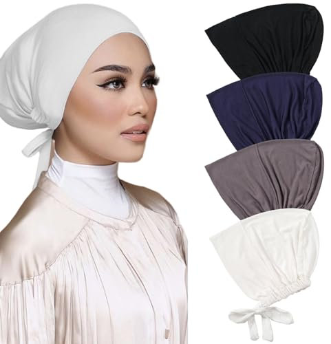 CNAFGBGG 4 PCs Hijab Undercap Verstellbares weiche Baumwollelastische Hijab -Kappe Set mit Binde -Rücken -Verschluss für Frauen, Schwarz + Dunkelblau + Dunkelgrau + Weiß.