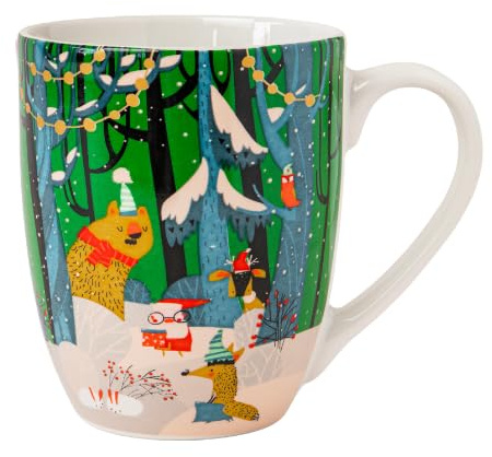 FabFinds Christmas Mug 360ml Festive Ceramic Tea & Coffee Cup with Santa, Elves, Snow Scene & Holiday Ornaments for Hot Chocolate (H 11cm x W 5.5cm) Assorted Merry Christmas Designs (Santa and Elves)