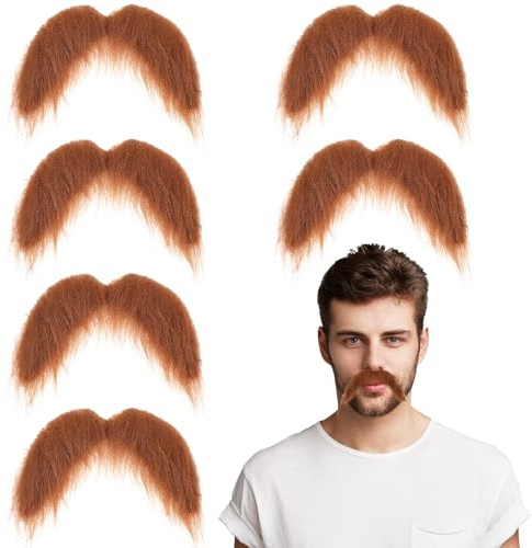 Schnurrbart zum Ankleben Fake Bart Set - 6 Stück Realistische Gefälschte Bärte, Selbstklebender Schnauzer für Karneval, Cosplay Zubehör, Theme Party Weihnachten Halloween (Braun)