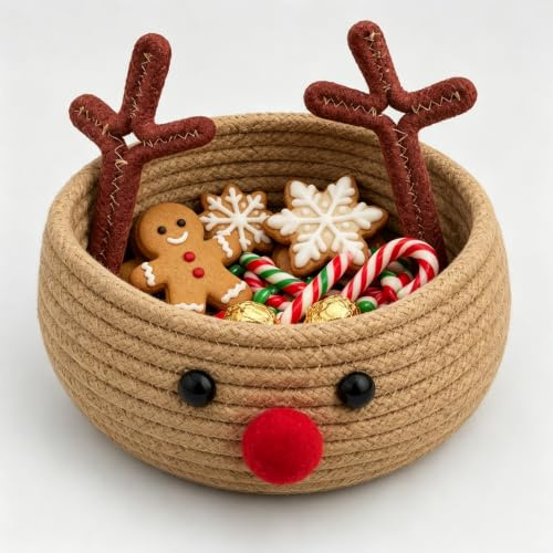 Bustlwor Rentier Geflochtener Korb, Weihnachtlicher Aufbewahrungskorb Aus Baumwolle, für Süßigkeiten, Kleidung und Weihnachtsdekoration (Braun)