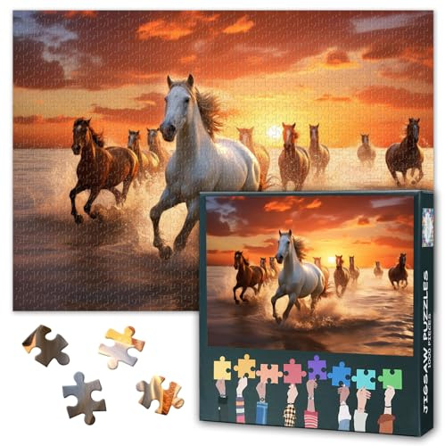 Pferde 1000 Teile Puzzle für Erwachsene, Tier | 1000-teiliges Puzzle mit Poster & Buchstaben; für Tierliebhaber, Familienabend oder Wanddeko. Fertige Größe 70 x 50 cm