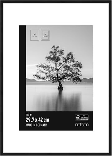 nielsen Aluminium Bilderrahmen Eterna, 29,7 x 42 cm (A3), Schwarz | Aluminium Posterrahmen mit Passepartout im Hoch- & Querformat zum Aufhängen Schwarz matt Echtglas Trauerrahmen
