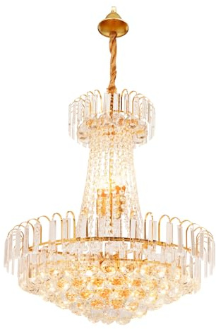 Zoobotanica Modern Kristall Kronleuchter Gold Pendelleuchte, Luxus Kristallleuchte,Rund Kristall Hängeleuchte für Esszimmer, Wohnzimmer, Treppenhaus,Hotel,E14 x 7,Φ60cm(Ohne Glühbirne)