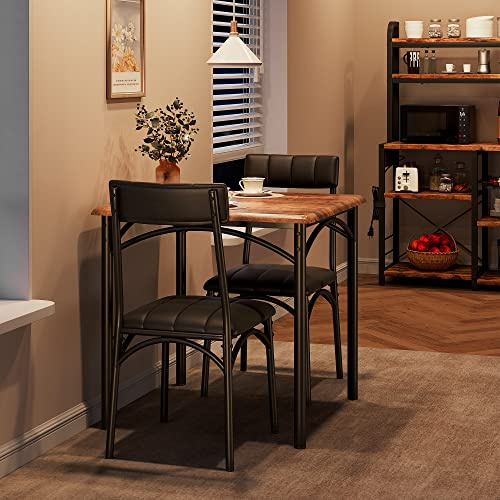 SLEKVERSA 3-Piece Dining Table Set for 2, Kitchen Table Set with 2 Upholstered Chairs, Square Dining Table Set for Apartment, Studio, Small Space, Brown