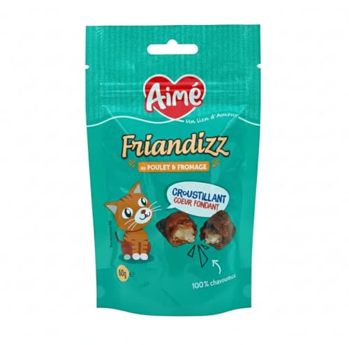 Aime Friandizz, Katzensnack mit Huhn, Käse, Katzenfutter für ausgewachsene Katzen, knuspriges Ergänzungsfutter mit schmelzendem Herz, ohne Zucker & künstliche Aromen, 15 Stück pro Tag