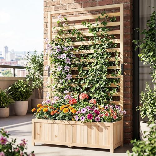 GOPLUS Jardinière avec Treillis pour Plantes Grimpantes, Brise Vue Jardin avec Bac à Plantes 150 cm pour Vignes, Légumes, Fleurs,Autoportant pour Balcon Extérieur (Naturel,90x35x150CM)