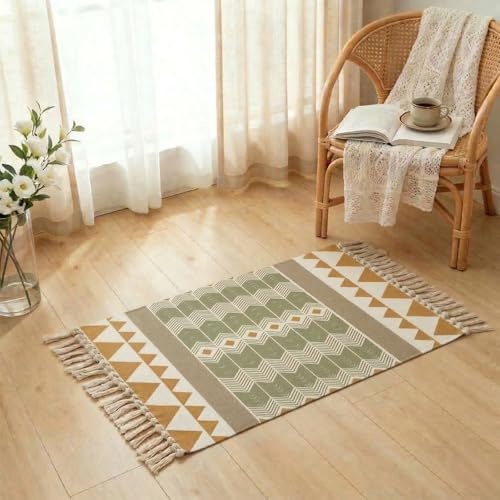 MORROWCAMP Boho Teppich klein 58 x 88 cm, Baumwolle Teppich Waschbar mit Quasten, Schmaler Kleiner Baumwollteppich für Wohnzimmer Schlafzimmer Flur, Handgewebter Boho Stil Teppich,Chevron Streifen