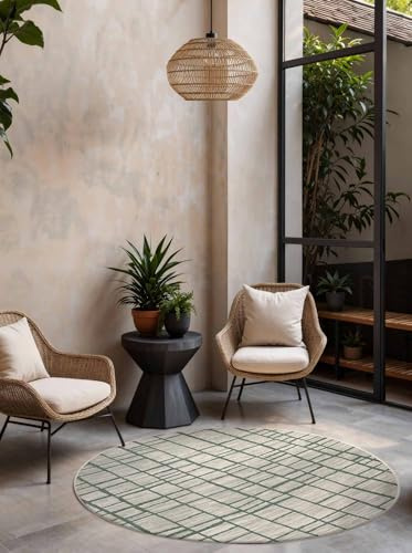 Ted Baker Flachgewebe Teppich Crouch Rund - Wendeteppich Outdoor geeignet, Pflegeleichter Wohnzimmerteppich, Modern, Abstrakt Muster für Wohnzimmer, Terrasse, Esszimmer, Balkon - Grün Weiß, Ø200 cm