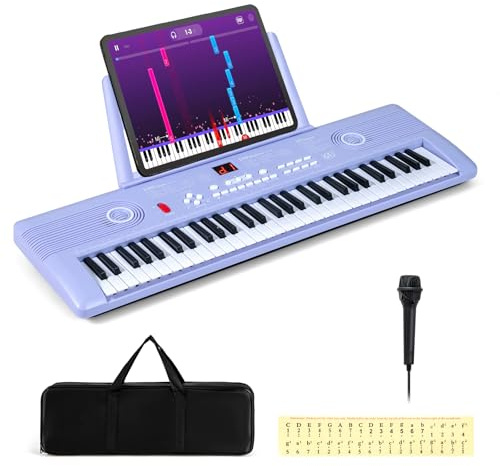 COSTWAY 61 Key Keyboard Piano, Portable Digital Piano with Microphone, Keynote Stickers, Carrying Case, Electric Piano for Beginners (Purple)