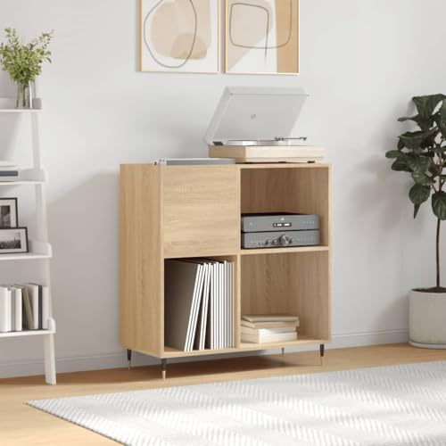Ziaphsol Armoire à disques en chêne Sonoma - 84,5 x 38 x 89 cm - En bois avec pieds en fer - Meuble phono pour rangement de CD, CD et DVD - Meuble TV bas avec espace de rangement, étagère, montage