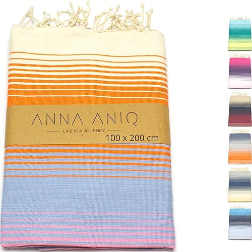 ANNA ANIQ Hamamtuch groß 100x200 cm Reise Strandtuch XXL Saunatuch Damen - 100% Baumwolle Fouta Pestemal Stranddecke Saunakilt Saunahandtuch Herren Badetuch Strandhandtuch (Orange-Blau schattiert)