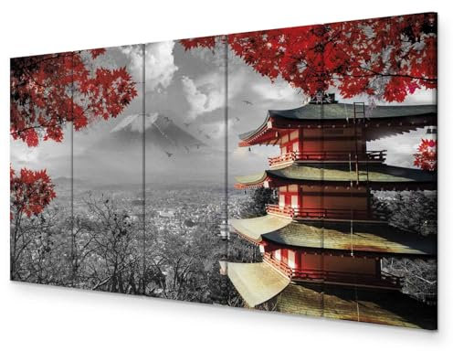 murando - Wandbilder XXL Japan 200x80cm 5 tlg - Wand Deko Leinwand Bilder Groß Wanddeko Wohnzimmer Schlafzimmer Kunstdrucke - Landschaft schwarz weiß rot c-C-0240-b-m