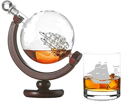 polar-effekt Whisky-Set Globus mit Weltkarte - 1 Whiskyglas Tumbler mit Gravur Motiv Segelschiff - Whisky Flasche, Weltkugel Dekanter aus Glas 850ml - Geschenk zum Geburtstag