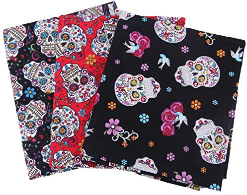 Hongzhi Baumwolle - 3 Stück 50 x 50 cm Halloween Baumwollstoff - Totenkopf, Geister, Vögel und Blumendrucke - DIY Floral Stoff Patchwork - Fat Quarters Quilten Stoffpaket zum Quilten Nähen