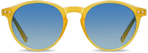H HELMUT JUST Gafas de Sol Hombre Mujer Redondas Polarizadas Vintage Amarillo Lente Azul TR90 y Acetato (C3)