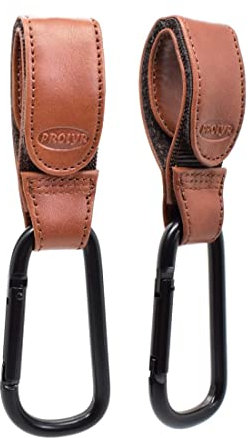 Prolyr® Gancho aluminio silla paseo carro bebé estilo piel - 2 Pack, Cuelga bolsas, bolsos o mochilas, Resistente, Ajuste universal e Instalación rápida, Multiusos, 3 opciones color. (Marrón)