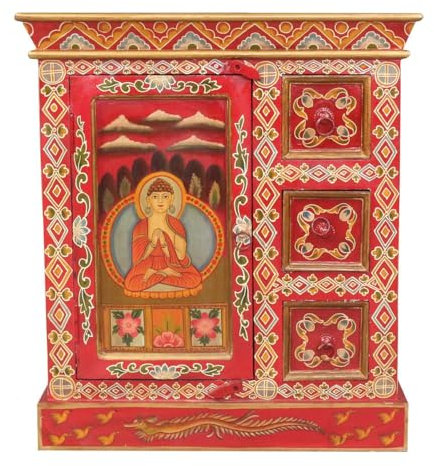 Oriental Galerie Indisches Sideboard Norbu 76 cm lang, mit Buddha Motiv verziert, in Rot Wandschrank Holzschrank Schrank Kommode Holz Yoga Tibet