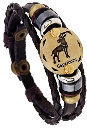 MeiPing Retro Sternzeichen Armband aus Braunem Leder 'Golden Zodiac' mit Druckknopf Verschluss - Herren Damen Unisex Armband Accessoire Schmuck